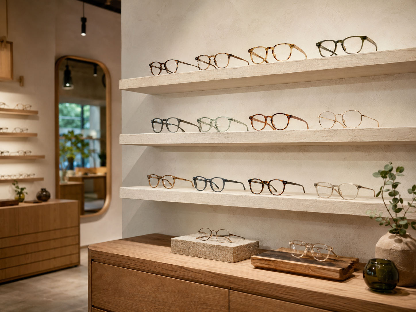 Curated eyewear displayed on sculptural boutique shelving
